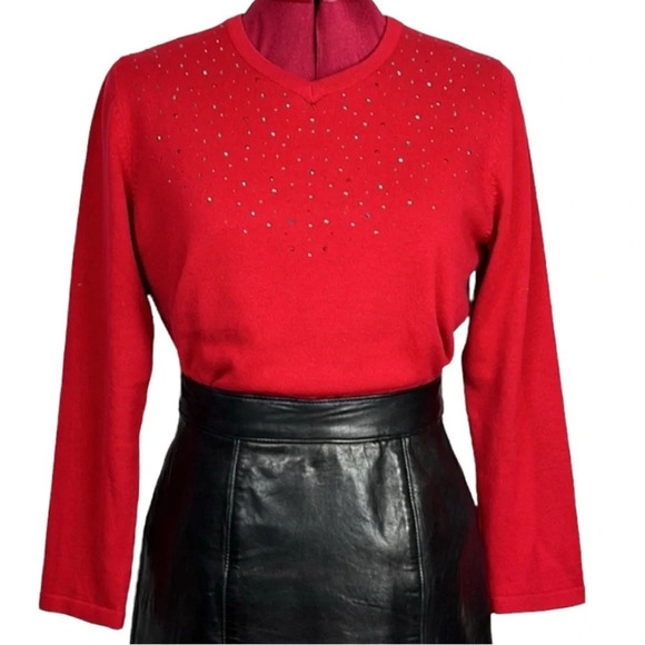 Carole Reed petite red long sleeve V-neck sweater multi-size adhesive sparkles - Picture 4 of 6